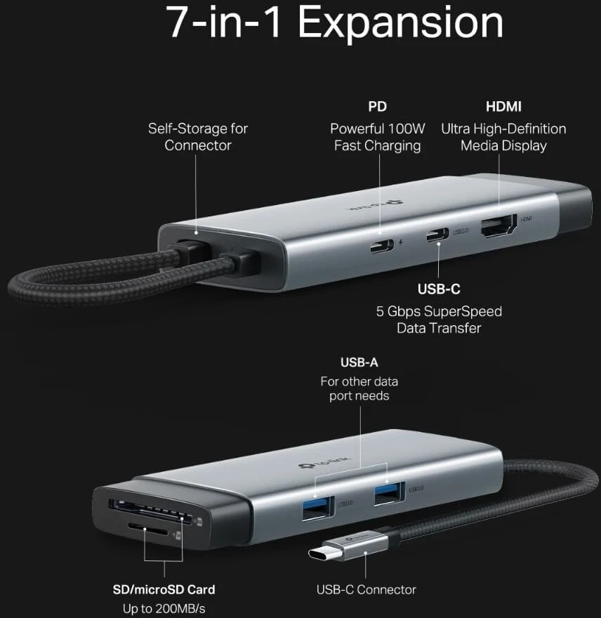 Tp-link Uh7020c usb c šakotuvas pd100w, 4k 60hz hdmi, 1 × usb c, 2 × usb a, sd ir microsd kortelės iki 200mb/s, suderinamas su macos, windows, linux, ipad os, ios, android, chromeos, nintendo