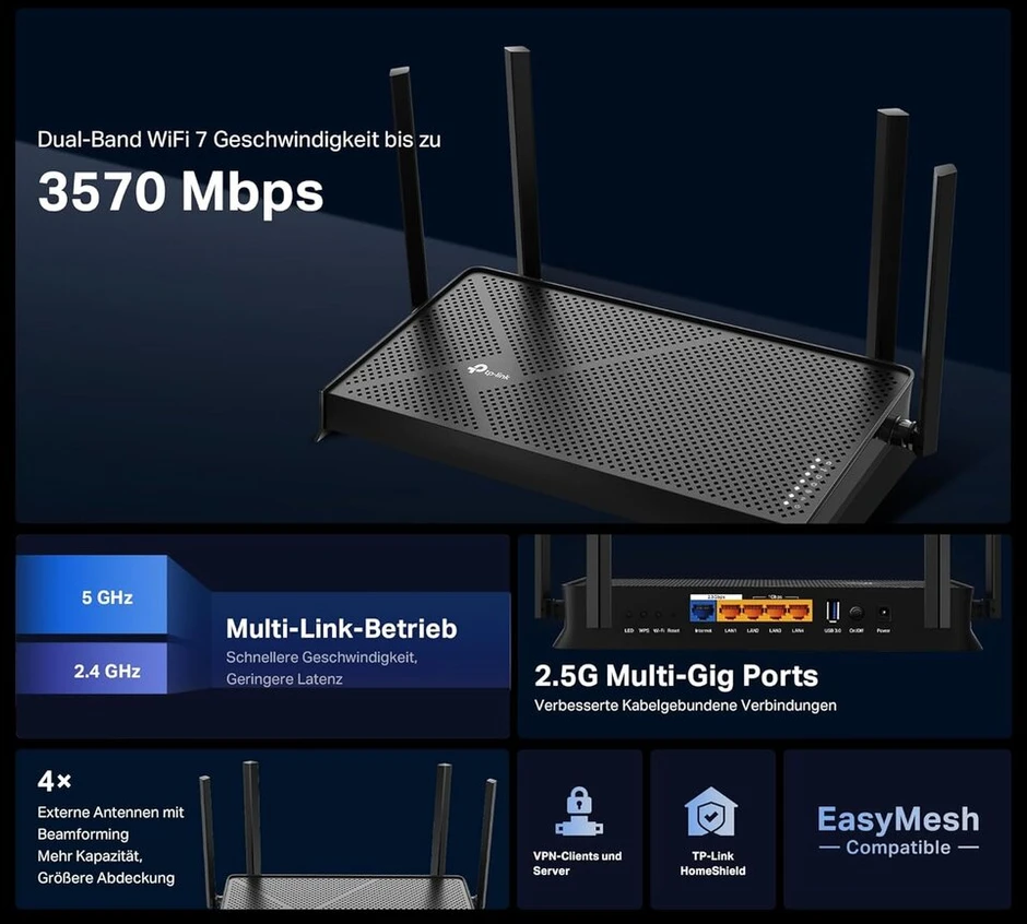 Tp-link Wifi 7 maršrutizatorius Archer Be3600 | Dviejų juostų Wlan 3570 Mbps | 2 x 2 x 2,3g prievadas | Usb 3.0 | Easymesh | Vpn klientai ir serveriai | Homeshield