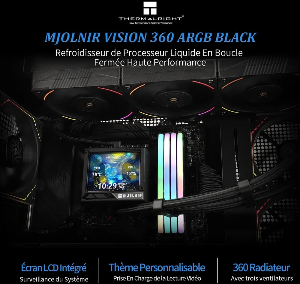 Tr Mjolnir Vision 360 Argb Juodas-aio Cpu skystinis aušintuvas su 320 x 240 Ips Lcd ekranu, skirtas Am4 Am5 Lga1700 1851 3.5 colio