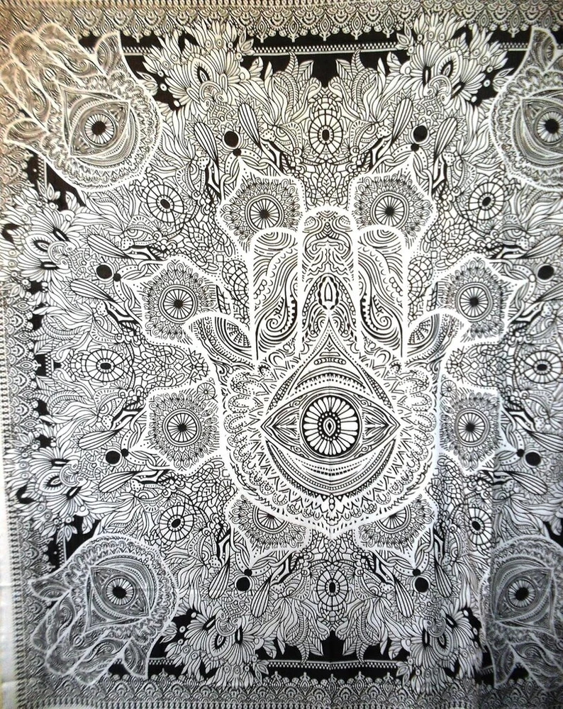 Tradicinis didelis Jaipur Hamsa rankos gobelenas, Fatima rankos sienų dekoracija, Indijos bendrabutis, kambario dekoracija, Hippie Bohemian sėkmės sienų dekoras, 88 x 95 colių