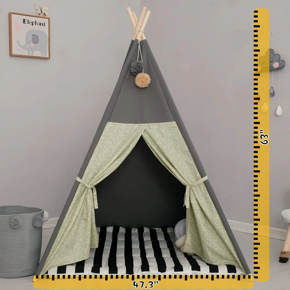 Treebud Tipis palapinė vaikams su paminkštintu kilimėliu, sulankstomos tamsių atspalvių žaidimų palapinės mergaitėms ir berniukams su nešiojimo krepšiu, drobės tipis namelis vaikams, naudojimui patalpose ir lauke