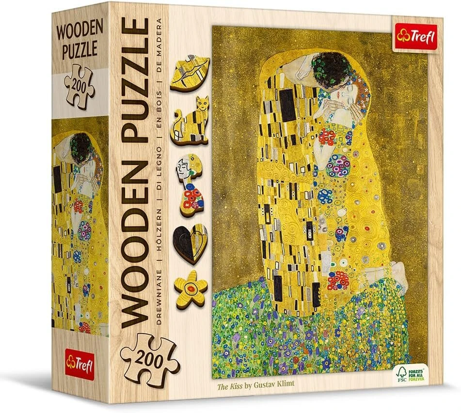 Trefl - medinės dėlionės: Bučinys, Gustav Klimt - 200 detalių, meninė medinė dėlionė, žymūs paveikslai, žymūs menininkai, kūrybinė pramoga suaugusiems ir vaikams nuo 9 metų