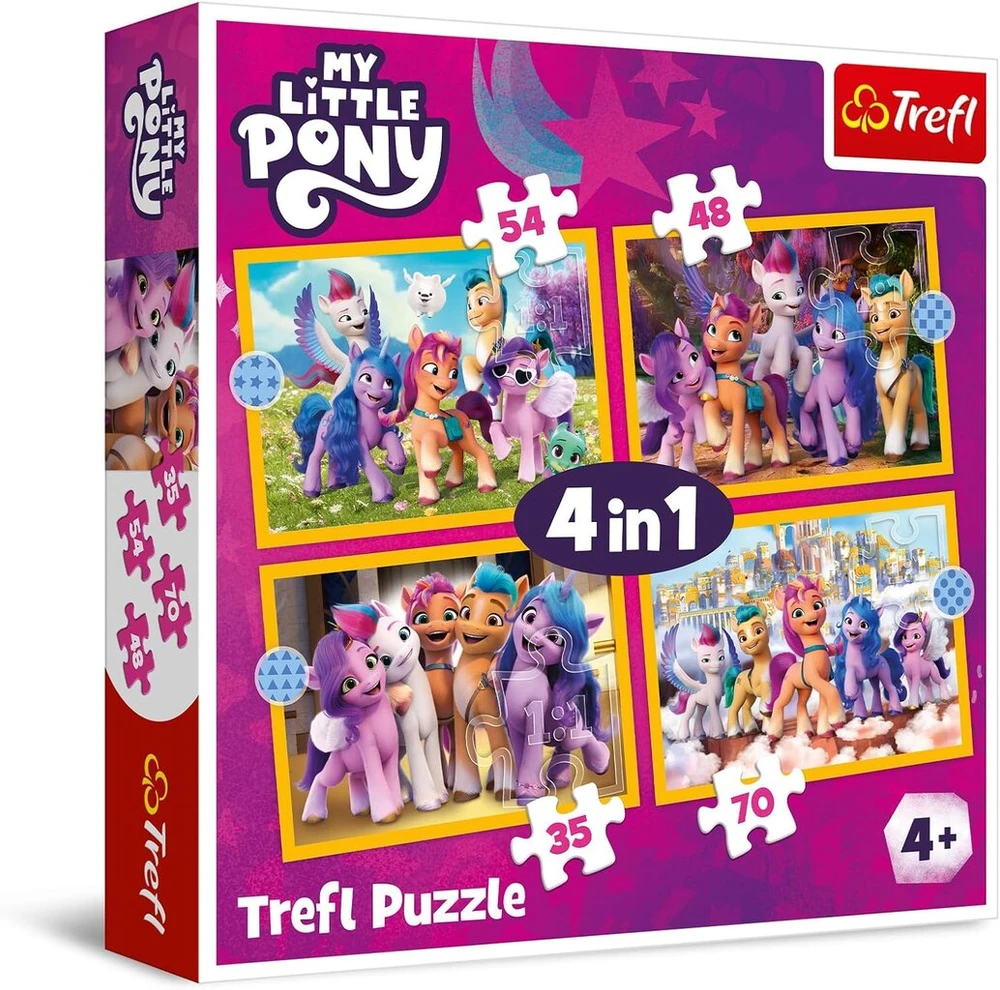 Trefl - My Little Pony, Susipažink su poniukais - Dėlionė 4-in-1, 4 žaidimai, nuo 35 iki 70 elementų - Spalvinga dėlionė, skirtingi sudėtingumo lygiai, vaikams nuo 4 metų