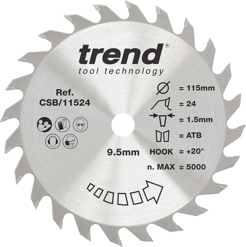 Trend medžio pjovimo diskinis pjūklas, 115 mm skersmens, 9,50 mm skylė, 24t, 1,5 mm pjūvis, +20° kampas, Tct, vidutinio paviršiaus Csb/11524
