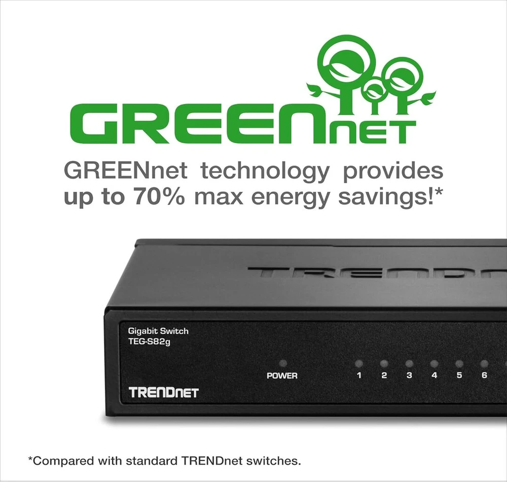Trendnet 8 prievadų gigabitinis Greennet komutatorius, ethernet skirstytuvas, 10/100/1000 mbps, be ventiliatoriaus, 16 gbps perjungimo sparta, metalinis korpusas, plug & play, Teg-s82g