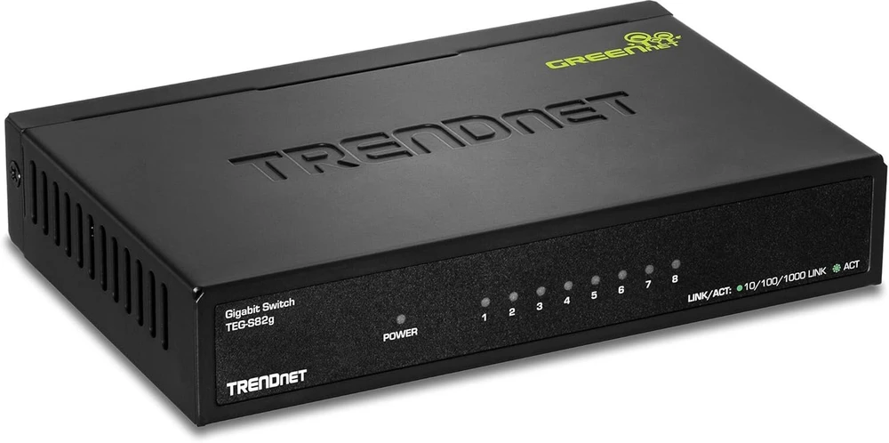 Trendnet 8 prievadų gigabitinis Greennet komutatorius, ethernet skirstytuvas, 10/100/1000 mbps, be ventiliatoriaus, 16 gbps perjungimo sparta, metalinis korpusas, plug & play, Teg-s82g