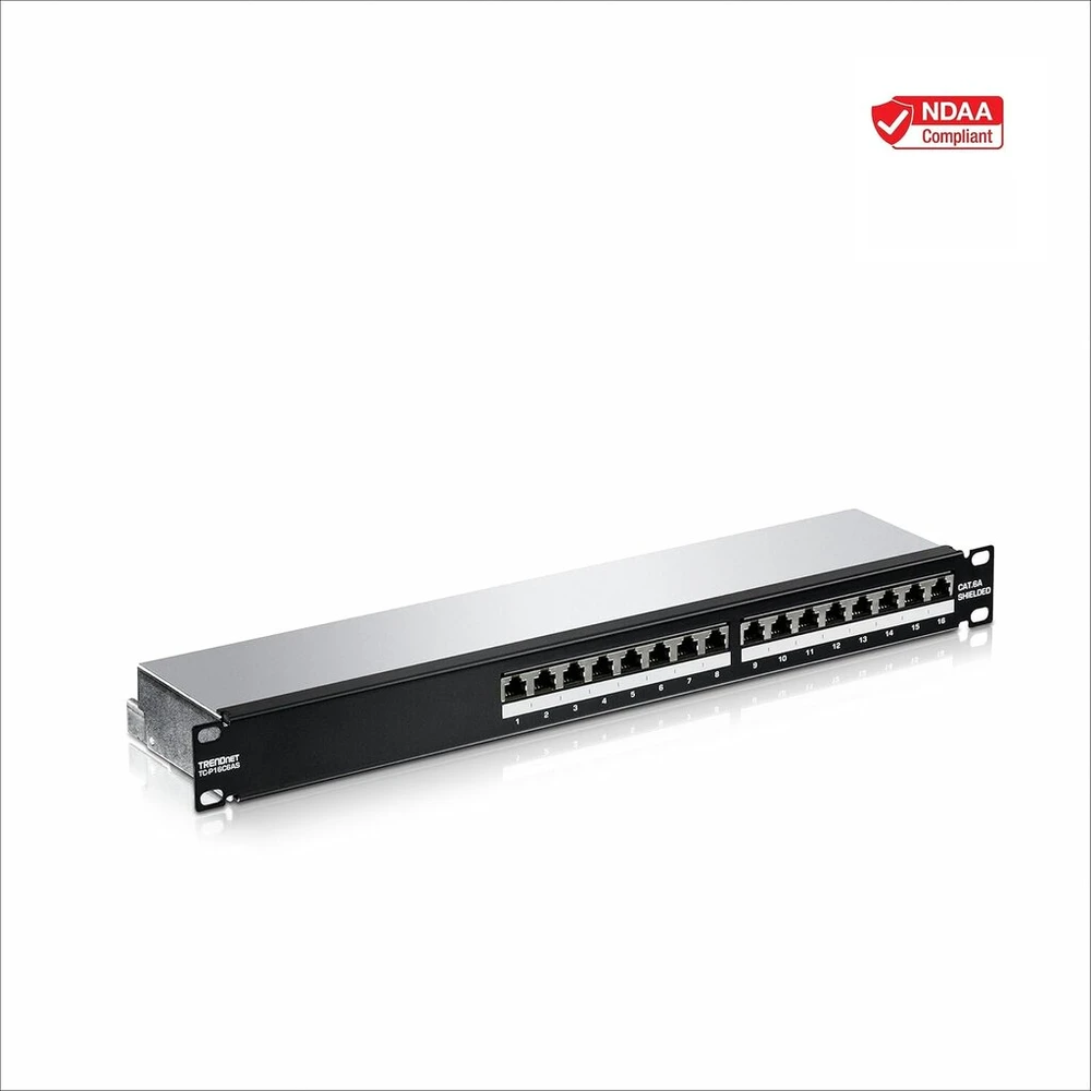 Trendnet Tc-p16c6as 16 prievadų Cat6a ekranuota patch panelė, 1u 19" metalinis korpusas, suderinama su 10g, suderinama su Cat5e / Cat6 / Cat6a Ethernet kabeliais, kabelių valdymas