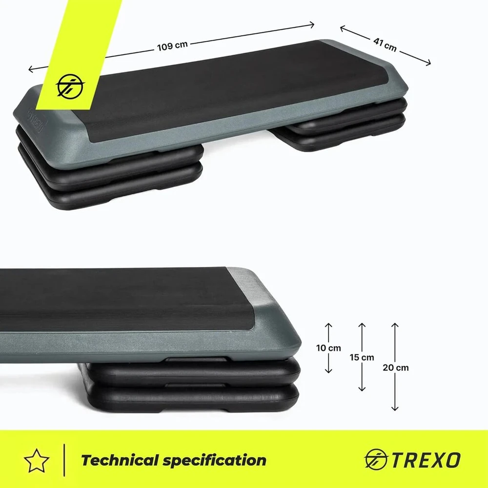 Trexo aerobinis stepas kardio treniruotėms namuose reguliuojamo aukščio 10 15 20 cm namų sporto salės fitneso priedai treniruotėms iki 250 kg rožinė oranžinė pilka 109 x 41 cm