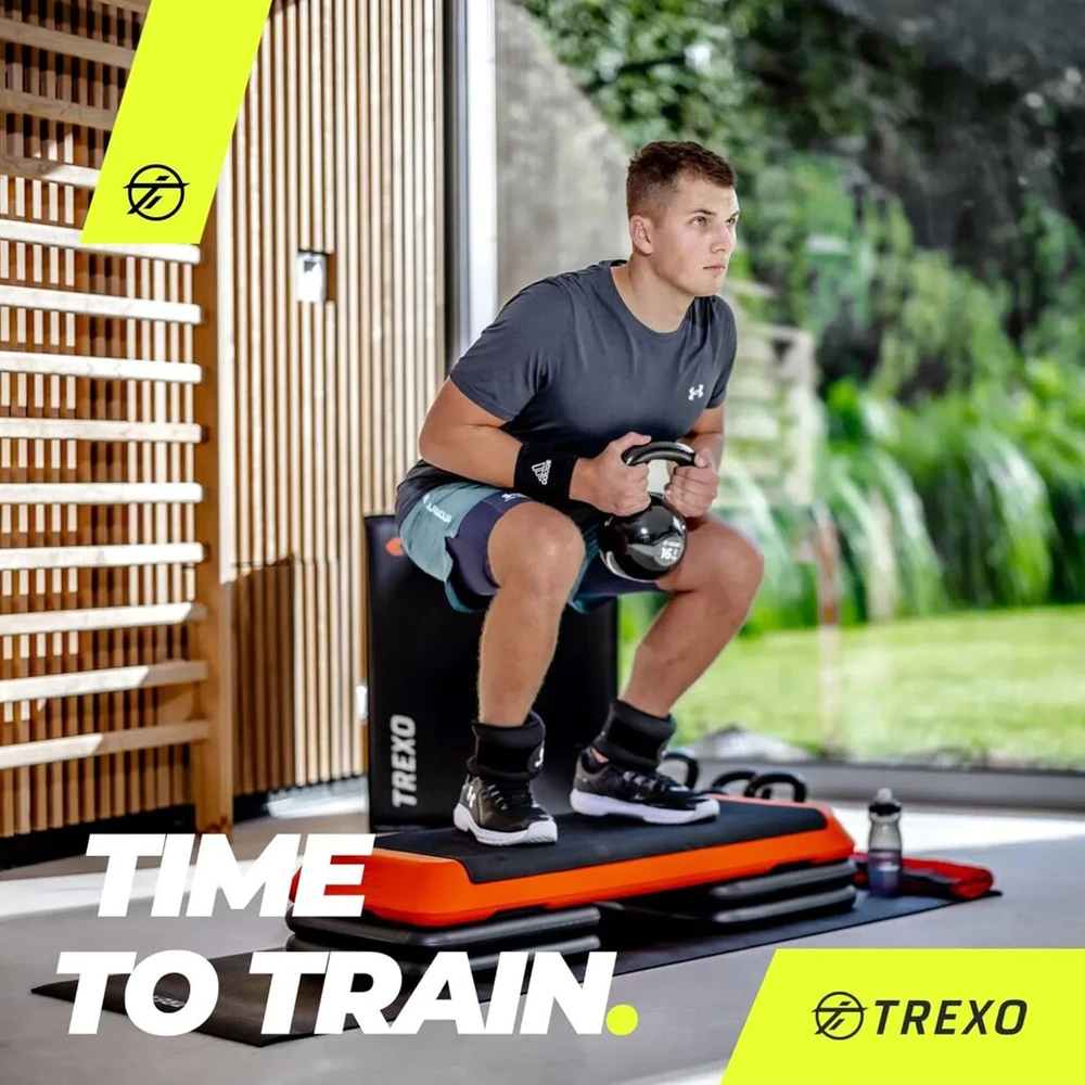 Trexo aerobinis stepas kardio treniruotėms namuose reguliuojamo aukščio 10 15 20 cm namų sporto salės fitneso priedai treniruotėms iki 250 kg rožinė oranžinė pilka 109 x 41 cm