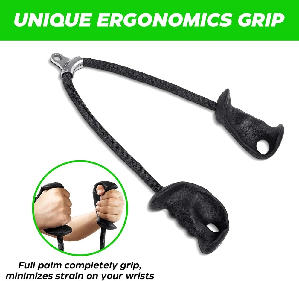 Tricipso virvė dilbio treniruoklis su ergonomiškomis rankenomis, kabelinis tricepso treniruoklis su ergonomiška neslystančia rankena, rankų jėgos treniruotės tricepso pratimams, bicepsų rietimams, raumenų treniruotės – namų treniruokliai