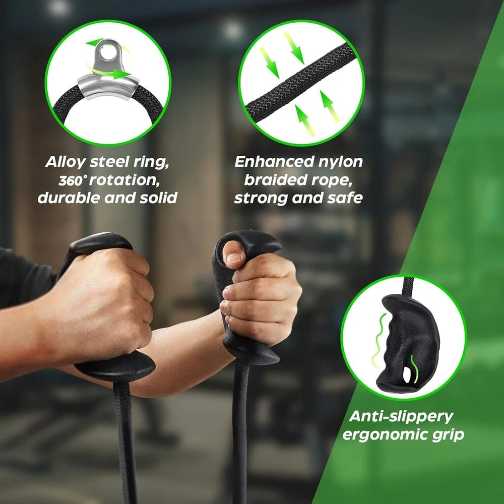 Tricipso virvė dilbio treniruoklis su ergonomiškomis rankenomis, kabelinis tricepso treniruoklis su ergonomiška neslystančia rankena, rankų jėgos treniruotės tricepso pratimams, bicepsų rietimams, raumenų treniruotės – namų treniruokliai