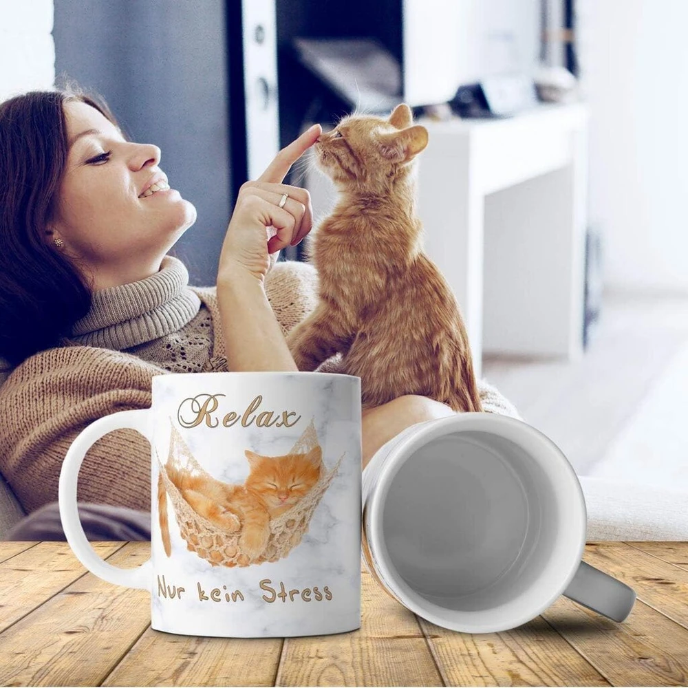 Triosk puodelis katė relax no stress su posakiu juokingas katės motyvas dovana poilsiui atsipalaidavimui kačių mylėtojams moterims draugei keramikinis 300 ml