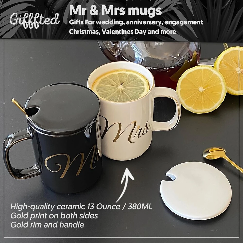 Triple Gifffted puodelių rinkinys "mr and Mrs" su dangteliu/arbatiniu šaukšteliu vestuvių metinėms, poroms, vyrams, moterims, nuotakai, jaunikiui, vestuvių dovanos jaunavedžiams, kalėdų proga, keraminiai, 380 ml