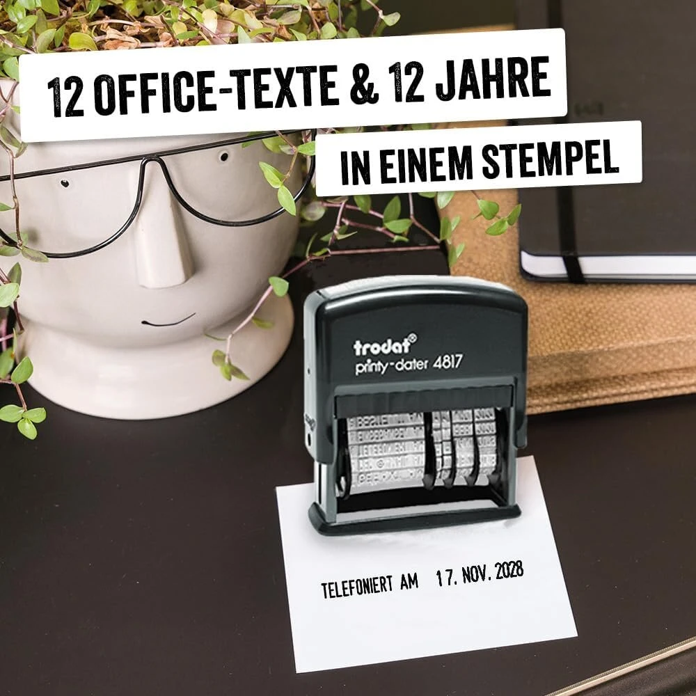 Trodat Printy 4817 tekstinis datos antspaudas, data ir 12 tekstų, savaime nusidažantis antspaudas, 48 x 3,8 mm, juodas