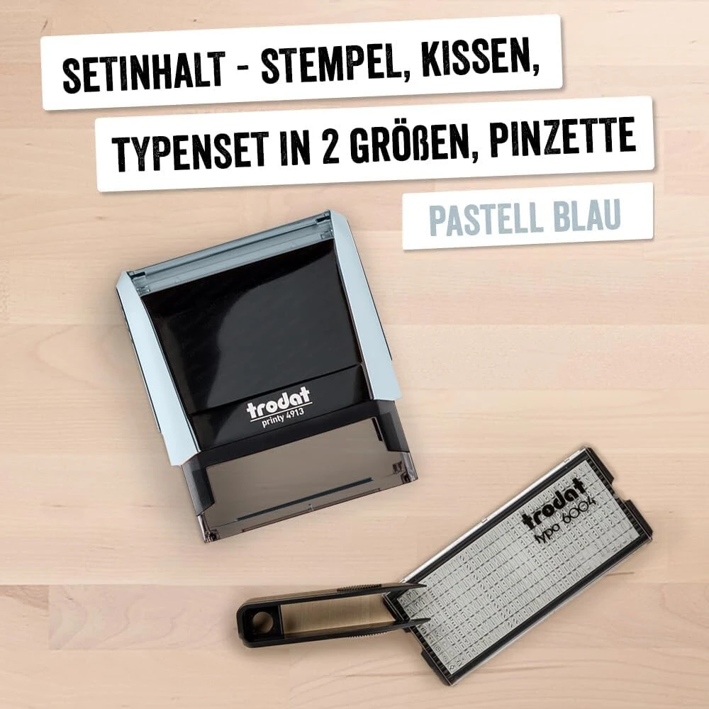 Trodat Printy 4913 antspaudų rinkinys pastel mėlynas spalvos, skirtas susikurti pačiam – 5 eilutės teksto, atspaudas 58 x 22 mm, vokiečių kalba, su pincetu, juodu rašalo padėklu ir raidžių bei skaičių rinkiniu dviem dydžiais