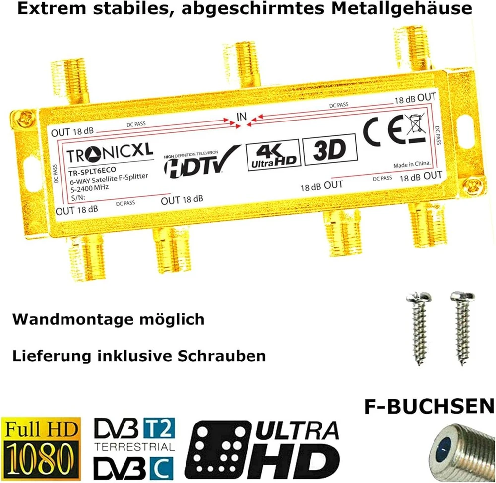 Tronicxl 6 krypčių skirstytuvas premium tv kabelio adapteris antenos skirstytuvas kabelinė televizija dvbc, pvz., unitymedia skirstytuvui unicable 6 krypčių hd suitable 4k hdtv dc passage fm radio palydovinės sistemos