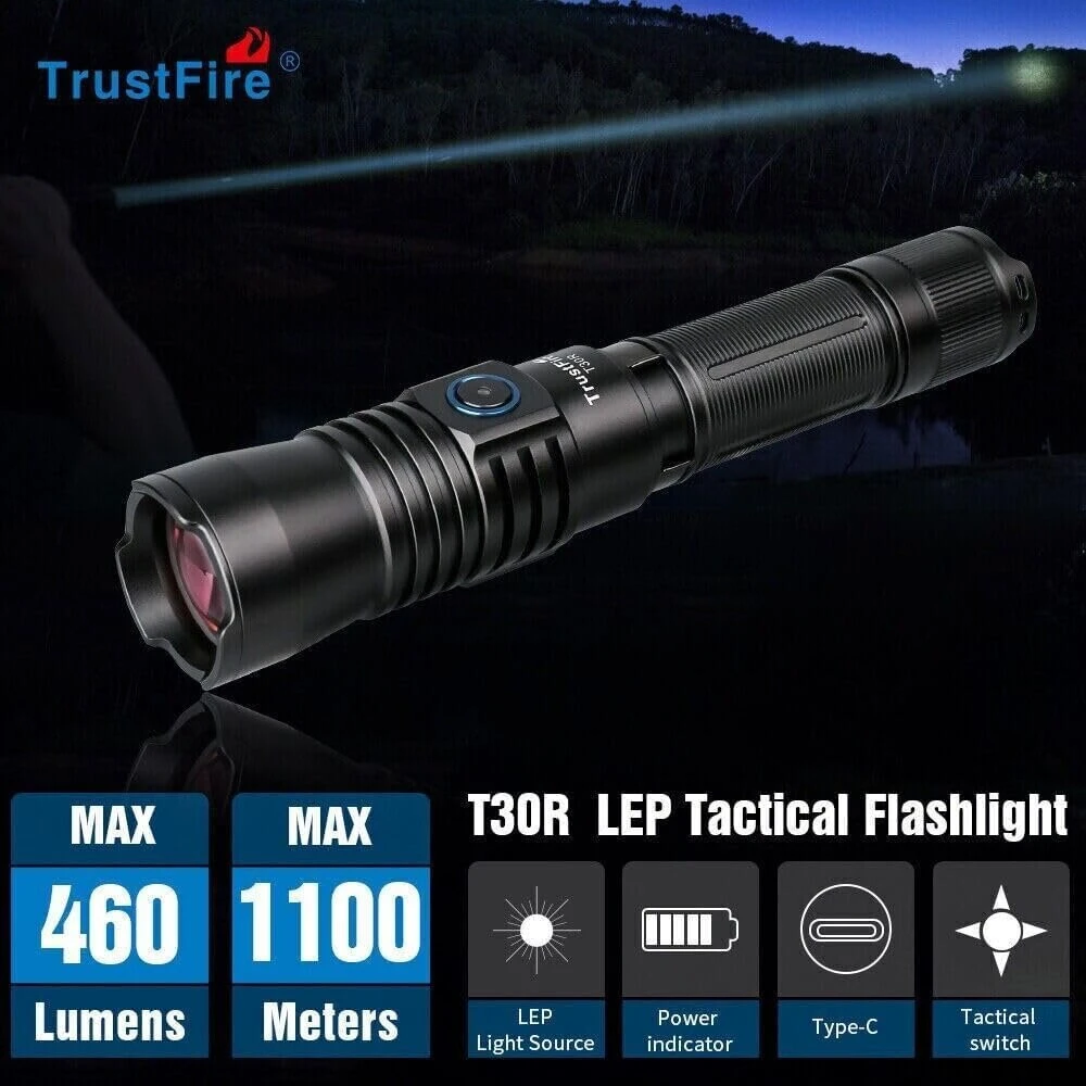 Trustfire T30r Lep žibintuvėlis 460 liumenų, 1100 m atstumas su 3000 Mah baterija, 1 x Usb C įkrovimo laidas, 1 x žibintuvėlio laikiklis, 1 x medžiaginis krepšys, 1 x rankinis dirželis - įkraunamas led žibintuvėlis