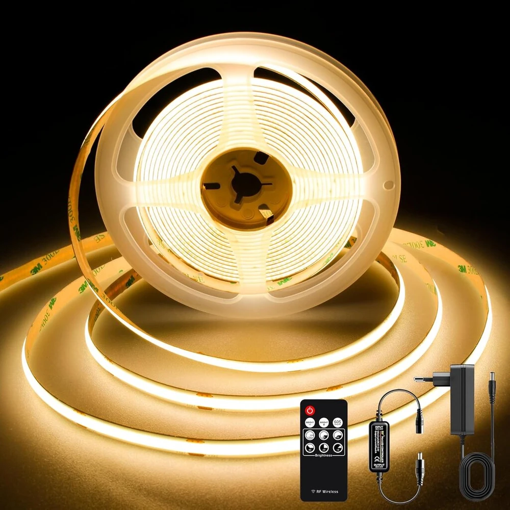 Ttway Cob led juosta 3 m, 2700 K šiltai balta led juosta su maitinimo šaltiniu ir nuotolinio valdymo pulteliu, Dc24 V, 480 led/m, Cri 90+, 8 mm pločio, pritemdomos šviesos juostos miegamojo dekoravimui