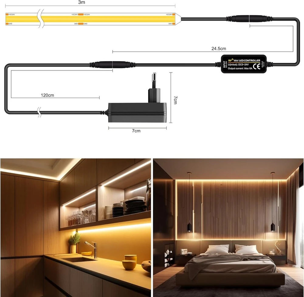 Ttway Cob led juosta 3 m, 2700 K šiltai balta led juosta su maitinimo šaltiniu ir nuotolinio valdymo pulteliu, Dc24 V, 480 led/m, Cri 90+, 8 mm pločio, pritemdomos šviesos juostos miegamojo dekoravimui