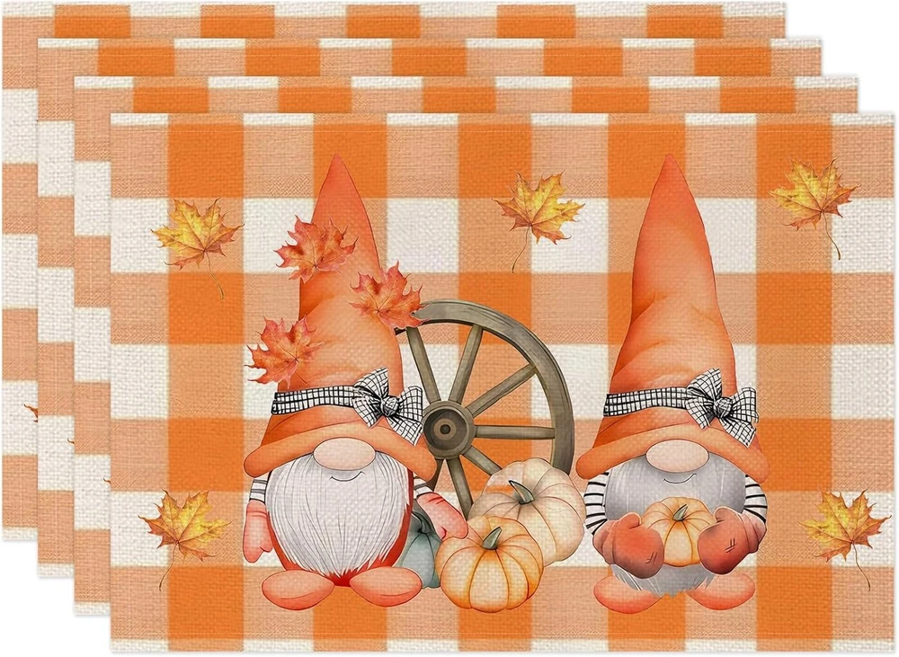 Rankšluostis Tuanmozi lininių padėkliukų rinkinys (4 vnt.) rudens motyvais, 30 x 45 cm, su moliūgais ir klevo lapais, Helovino dekoracija (01)
