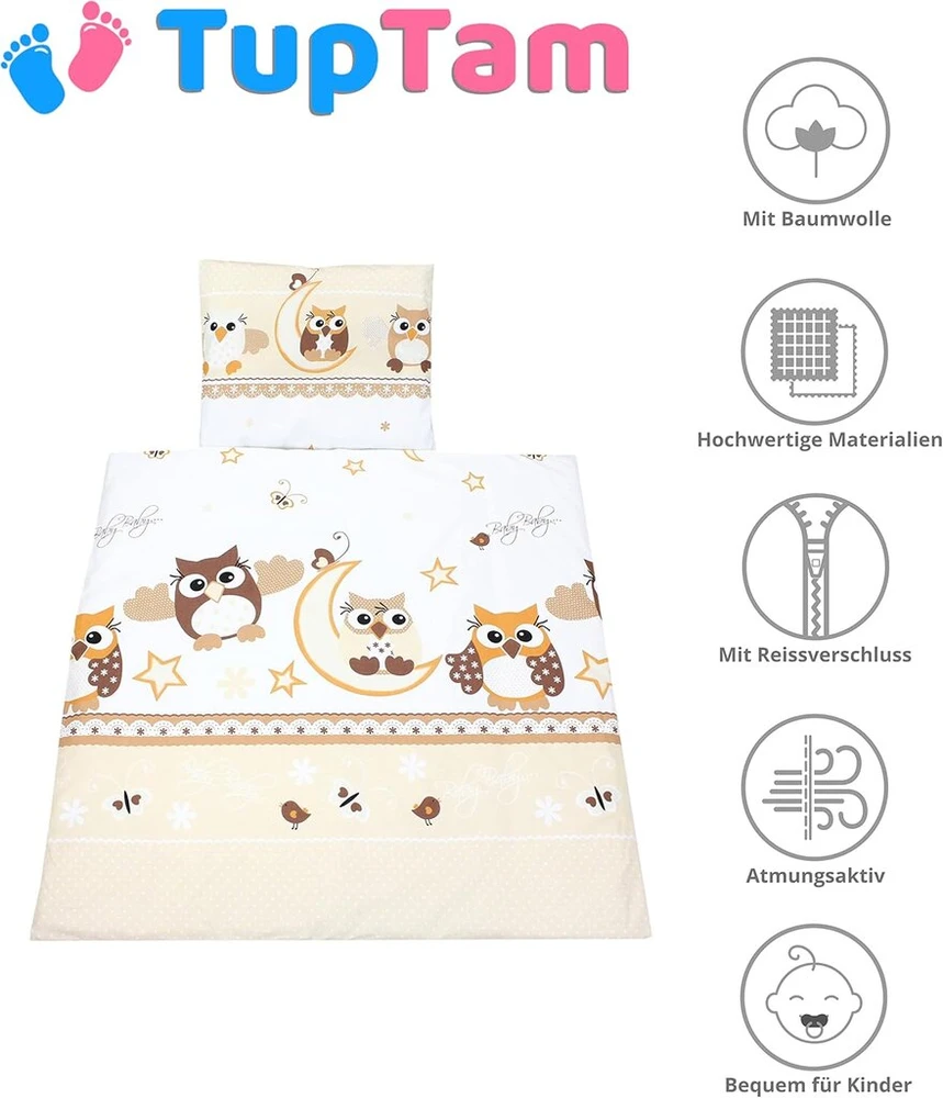 Tuptam unisex kūdikio lovelės komplektas, 4 dalių patalynės komplektas: antklodė ir pagalvė su užvalkalu, spalva: Owls rusvai gelsvas, dydis: 80 x 80 cm