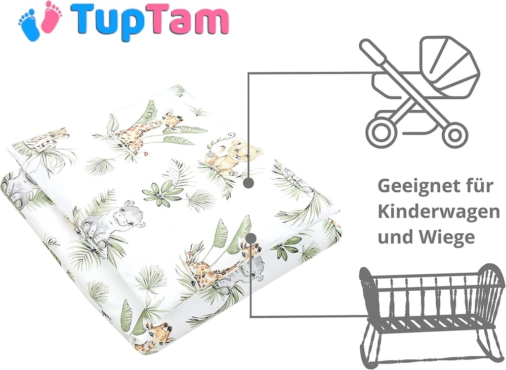 Tuptam unisex kūdikio lovelės komplektas, 4 dalių patalynės komplektas su antklode ir pagalve su užvalkalu, spalva: safari/liūtas/ruda/lapai/žalia, dydis: 80 x 80 cm