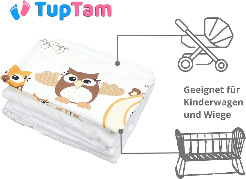 Tuptam unisex kūdikio lovelės komplektas, 4 dalių patalynės komplektas: antklodė ir pagalvė su užvalkalu, spalva: Owls rusvai gelsvas, dydis: 80 x 80 cm