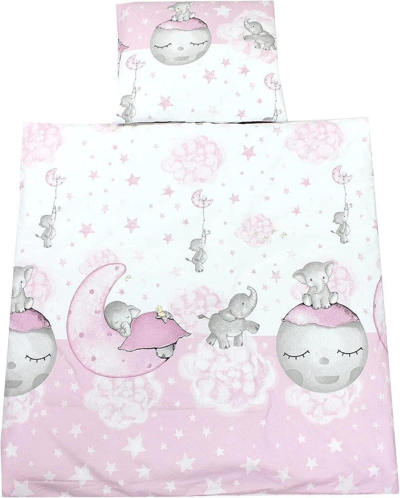 Tuptam unisex vaikiškas lovelės komplektas, 4 dalių patalynės komplektas su antklodės ir pagalvės užvalkalais, mėnulis su drambliu rožinis, dydis: 80 x 80 cm