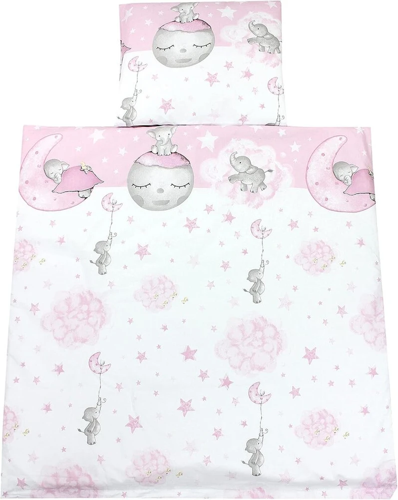 Tuptam unisex vaikiškas lovelės komplektas, 4 dalių patalynės komplektas su antklodės ir pagalvės užvalkalais, mėnulis su drambliu rožinis, dydis: 80 x 80 cm