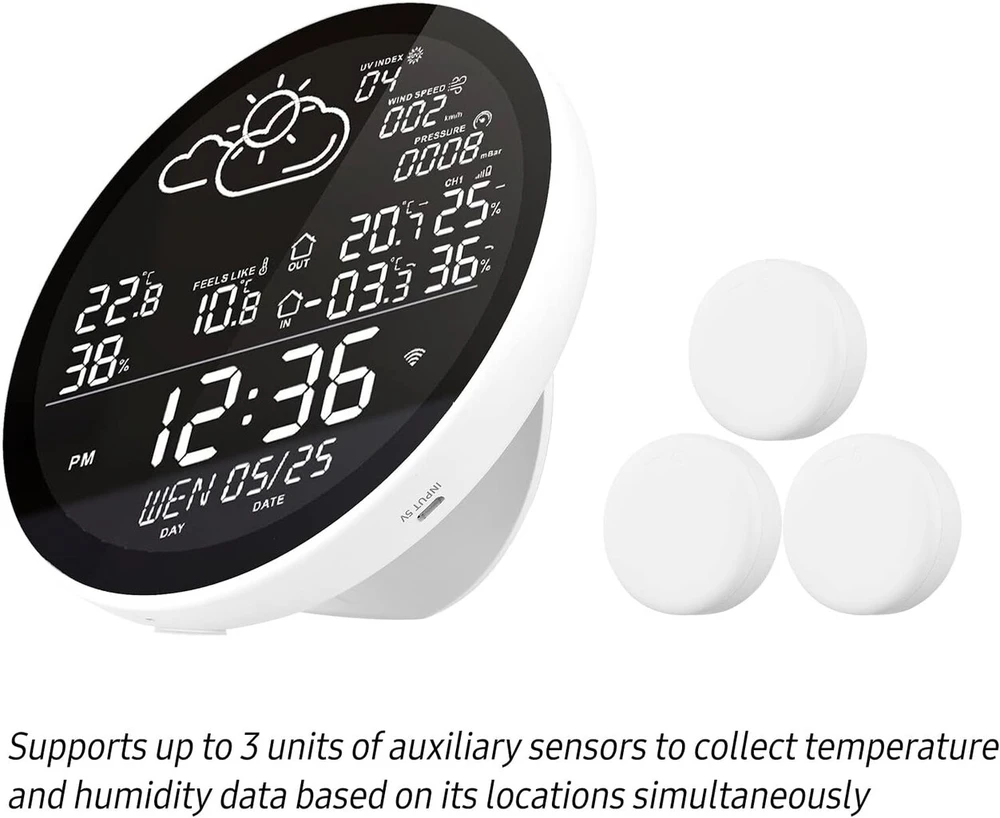 Tuya Wifi išmani meteorologijos stotis su laikrodžiu, vidaus ir lauko temperatūros bei drėgmės matuoklis, daugiafunkcis meteorologijos laikrodis su dideliu spalvotu ekranu, temperatūros ir drėgmės matuoklis su 3 jutikliais