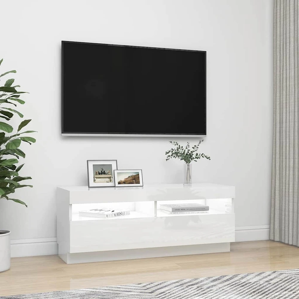 TV staliukas TV spintelė su LED apšvietimu, balta, 100x35x40cm, blizgi