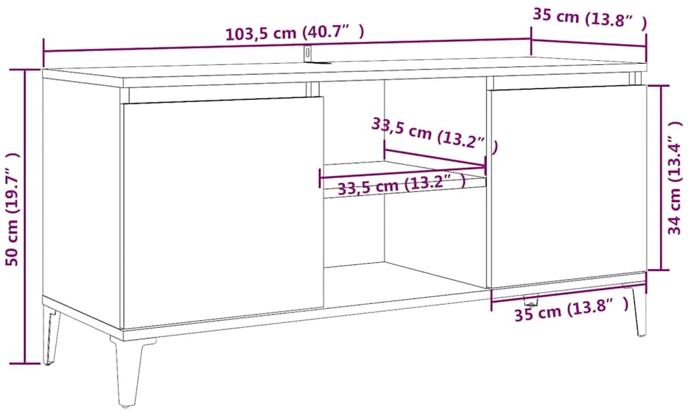 TV staliukas TV spintelė su metalinėmis kojomis, pilka ąžuolo, 103,5x35x50cm