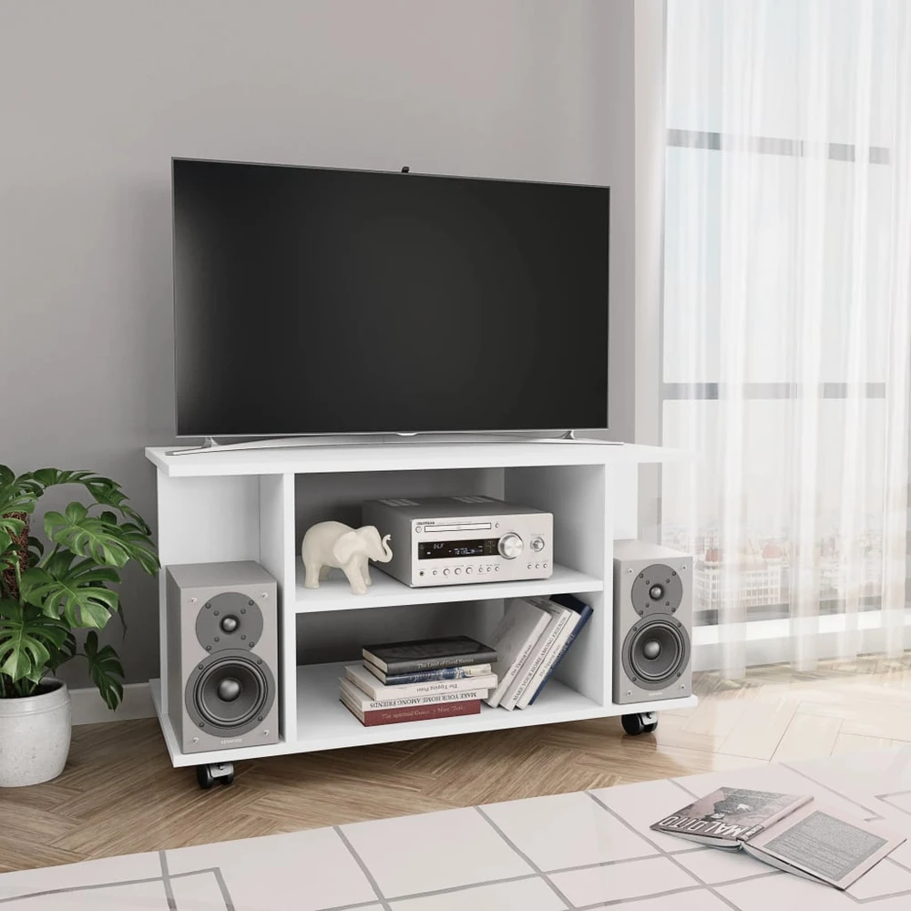 TV staliukas TV spintelė su ratukais, baltos spalvos, 80x40x45 cm, mediena