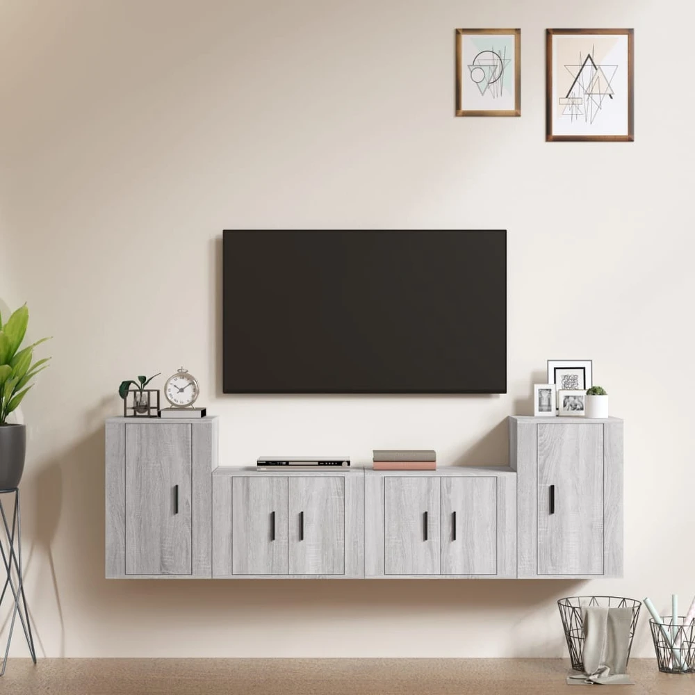 TV staliukas TV spintelių komplektas, 4 dalių, pilkas ąžuolo, mediena