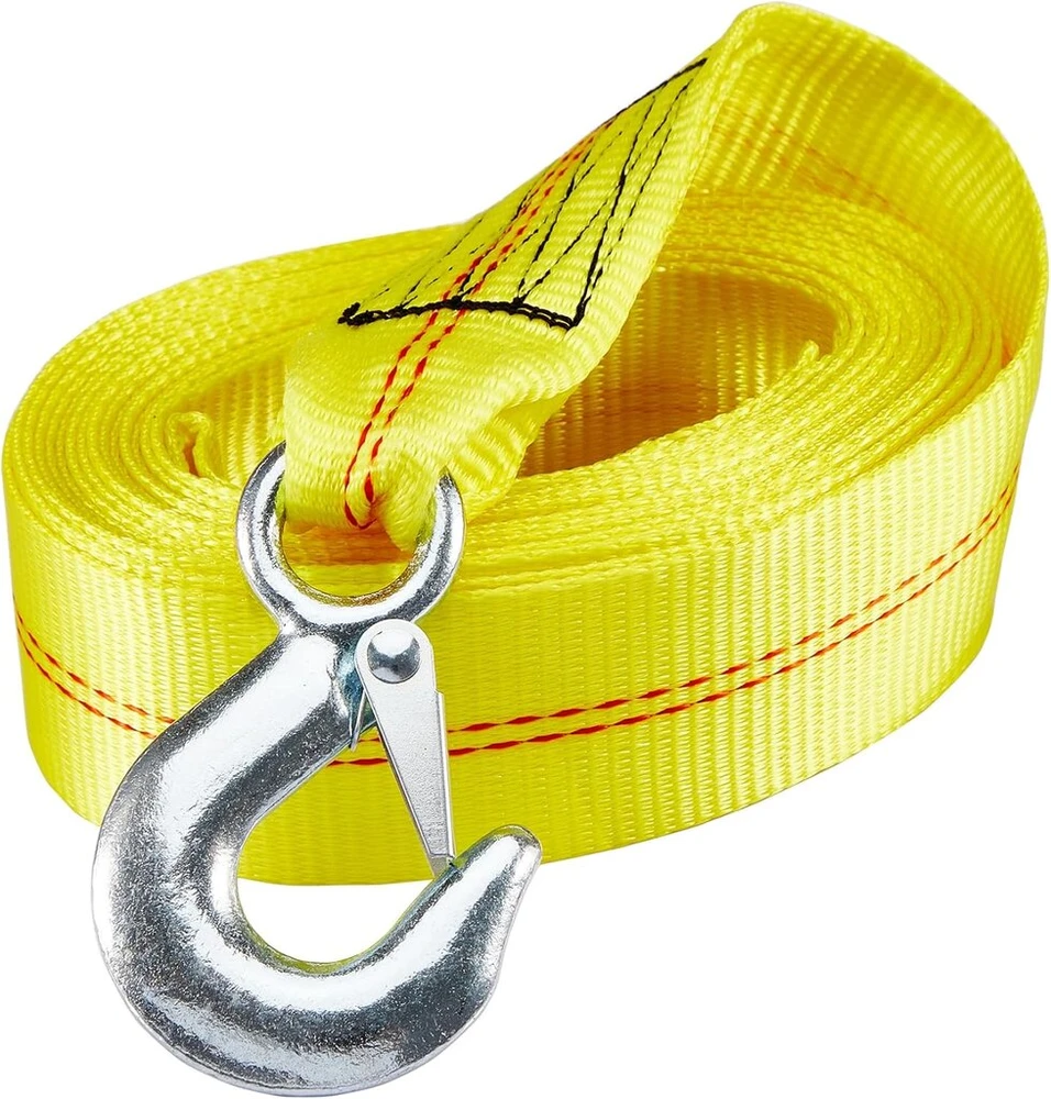 Tvirtas priekabos gervės diržas su kabliu, 5cm x 6m, 1500kg, geltonas