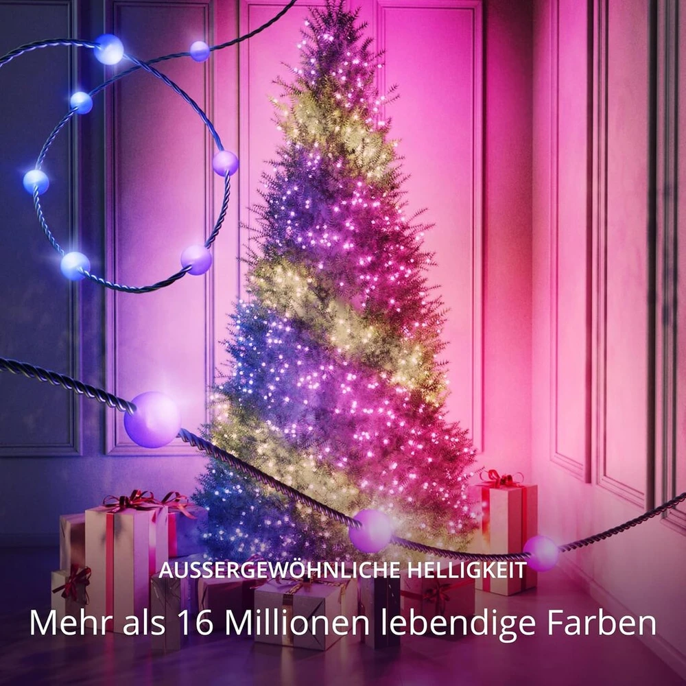 Twinkly Strings Usb-c Pearls 100 Led, Led girlianda su perlo formos lemputėmis, Rgb Led lemputės, įvairiaspalvės, lemputės dienai, suderinamos su Alexa ir Google Home, Usb-c, žalias kabelis, 6 m