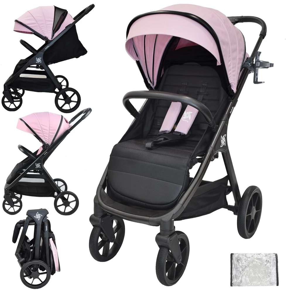 Twinly spacely vežimėlis, iki 22 kg, labai didelis ir patogus, erdvi sėdynė, labai lengvai sulankstomas vežimėlis, xxl stogelis su upf50+ filtru, apsauga nuo lietaus, vežimėlis (rožinis)