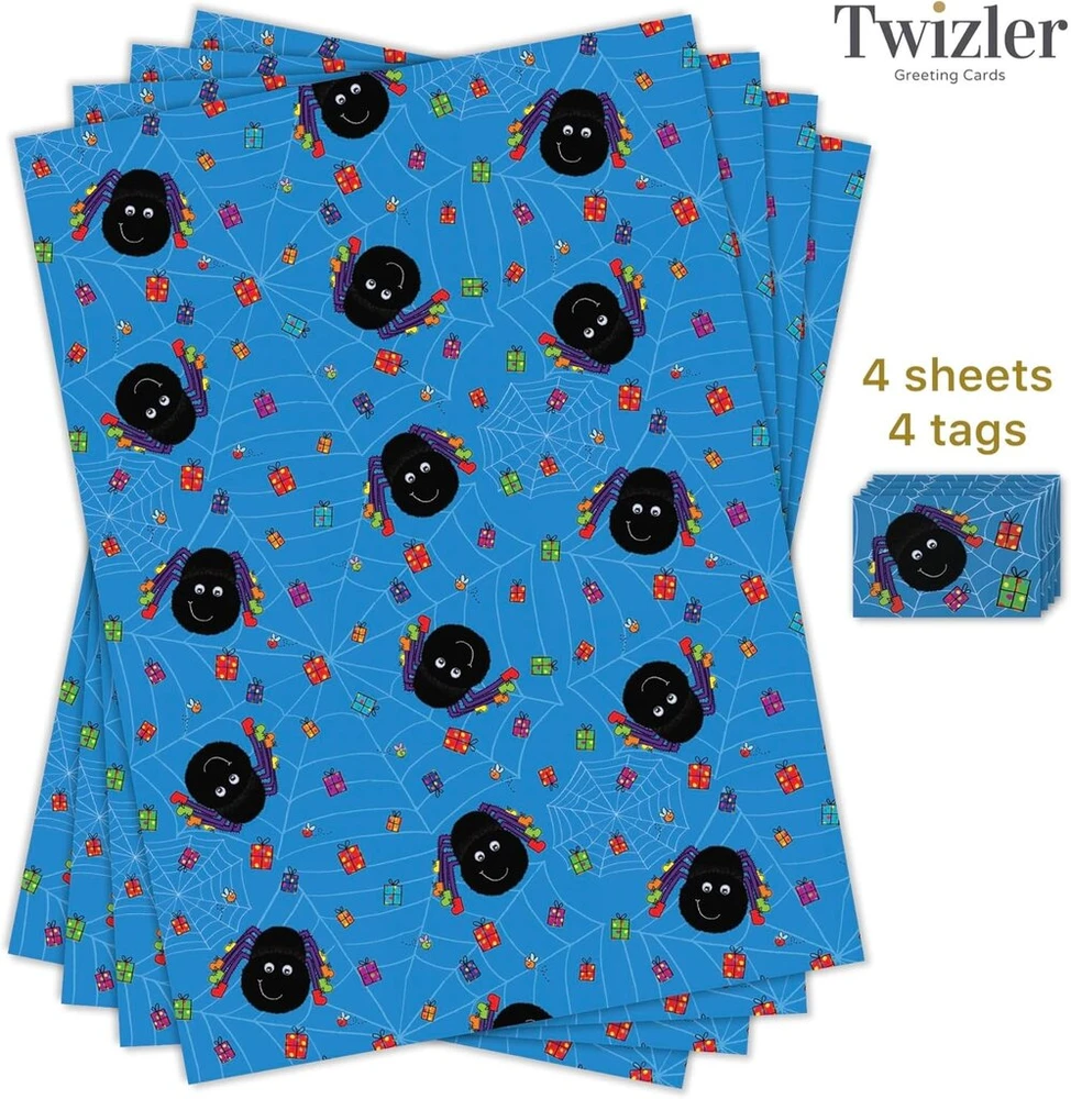 Twizler berniukų dovanų popierius – mėlyni vorai – 4 lapai ir 4 etiketės – 70 cm x 50 cm sulankstyti lapai – mielas gimtadienio dovanų pakavimas vaikams
