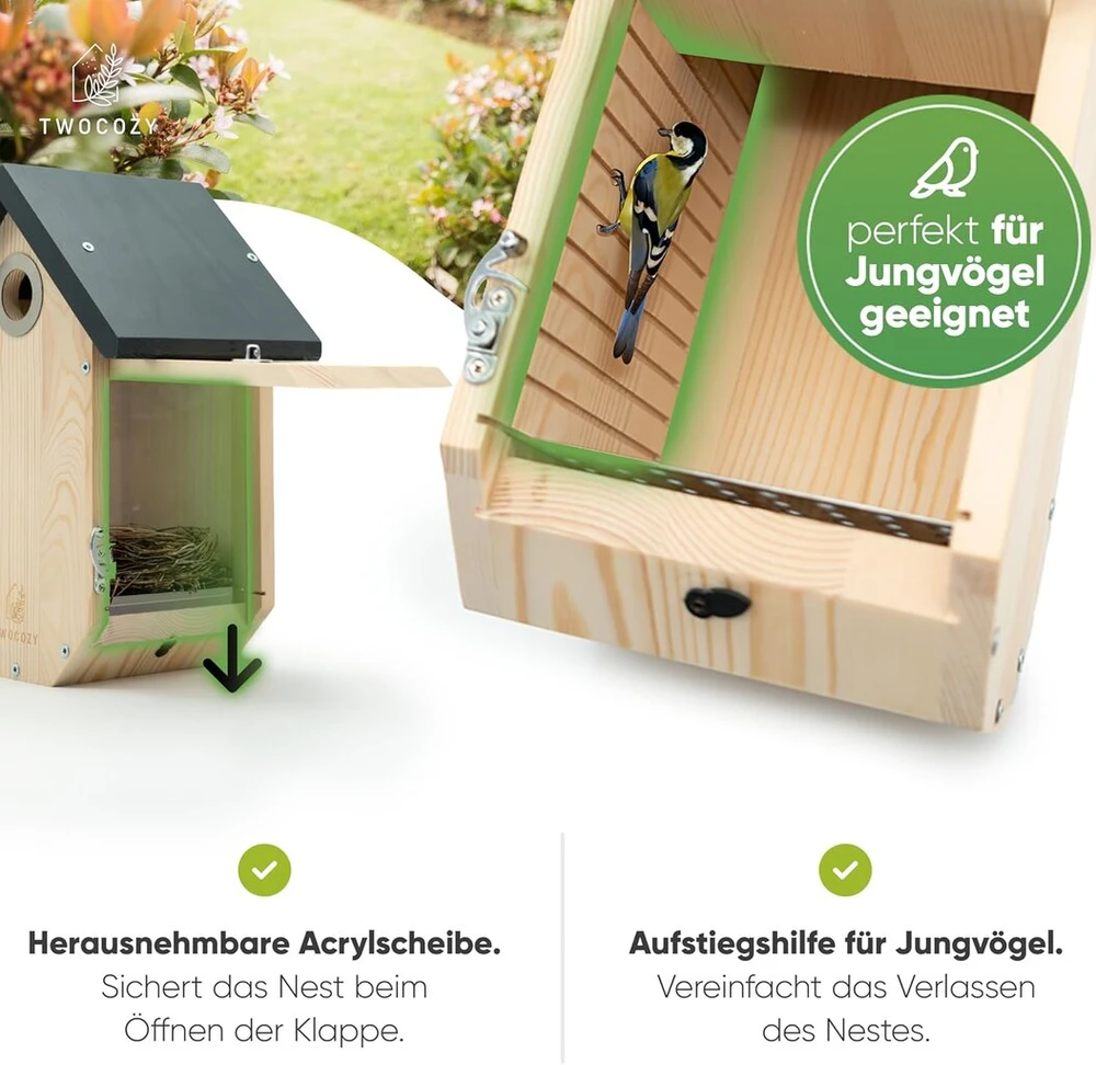 Twocozy aukščiausios kokybės inkilas zylėms, didžiosioms zylėms [apsauga nuo genių ir lizdo apsauga], atsparus oro sąlygoms ir prisuktas, matmenys atitinka nabu, inkilas zylėms kabinti - 32 mm