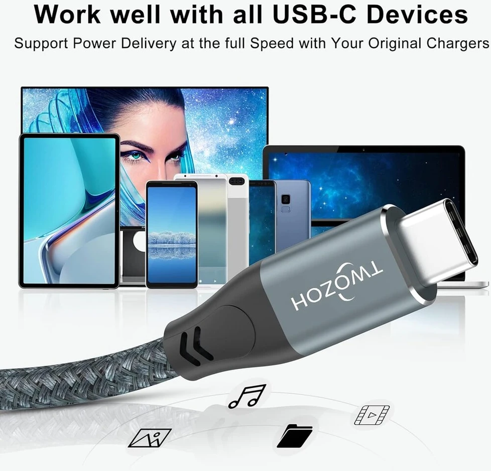 Twozoh 4k Usb C kabelis 100w 1m, 2 vnt. (viskas viename), Usb 3.2 Gen 2 x 2 20gbps Usb C 3.1 Type C Pd greito įkrovimo duomenų perdavimo Type C 4k @ 60hz vaizdo monitoriaus kabelis