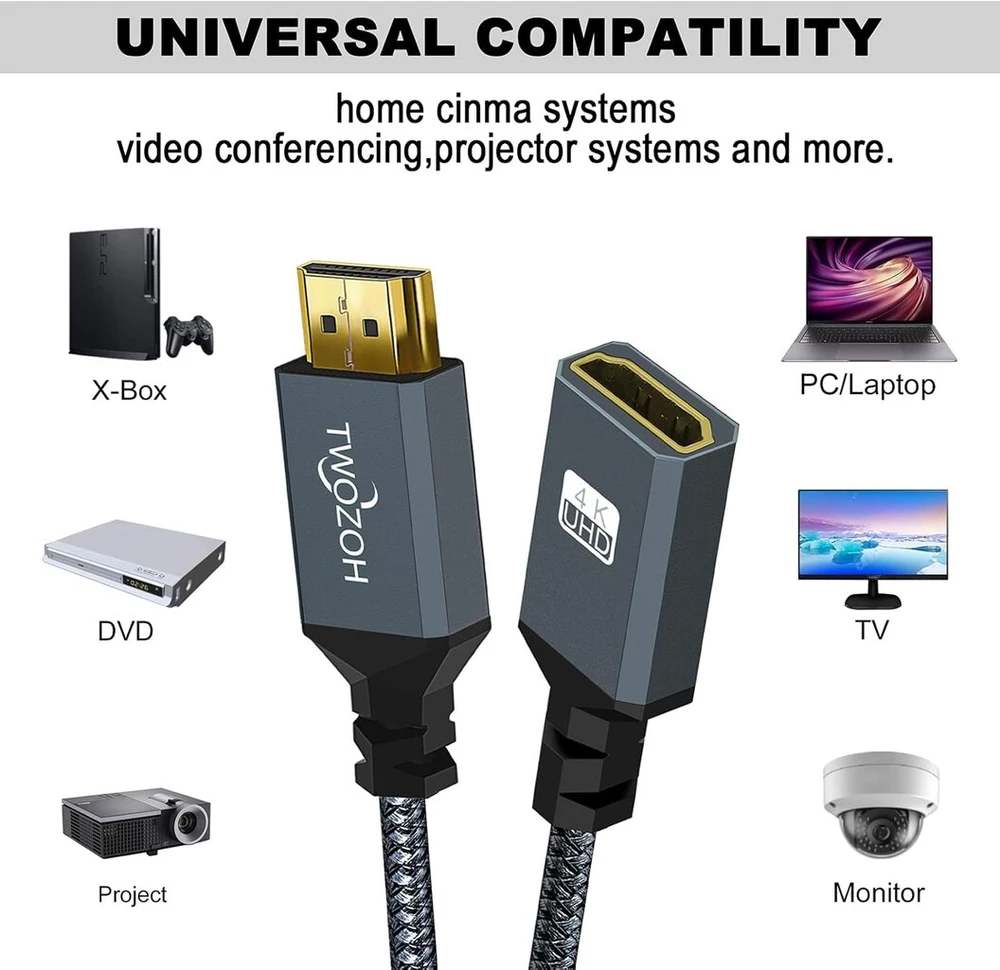 Twozoh Hdmi ilginimo kabelis 0,5 m, 2 vnt. pakuotė, 4k Hdmi ilginimas, nuo vyriško iki moteriško pinto nailono Hdmi 2.0 kabelio adapteris palaiko 4k@60hz 3d Hdr
