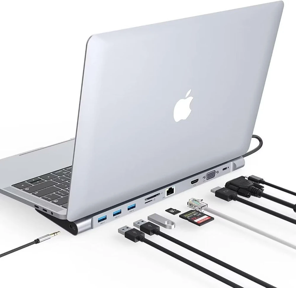 Tymyp 10-in-1 triguba doko stotis Usb C, dvigubas monitoriaus Usb C šakotuvas su 4k Hdmi, Vga, 3 x Usb 3.0, Pd 100 W, Ethernet, Sd/tf lizdai, nešiojamojo kompiuterio doko stotis, suderinama su nešiojamuoju kompiuteriu ir Windows