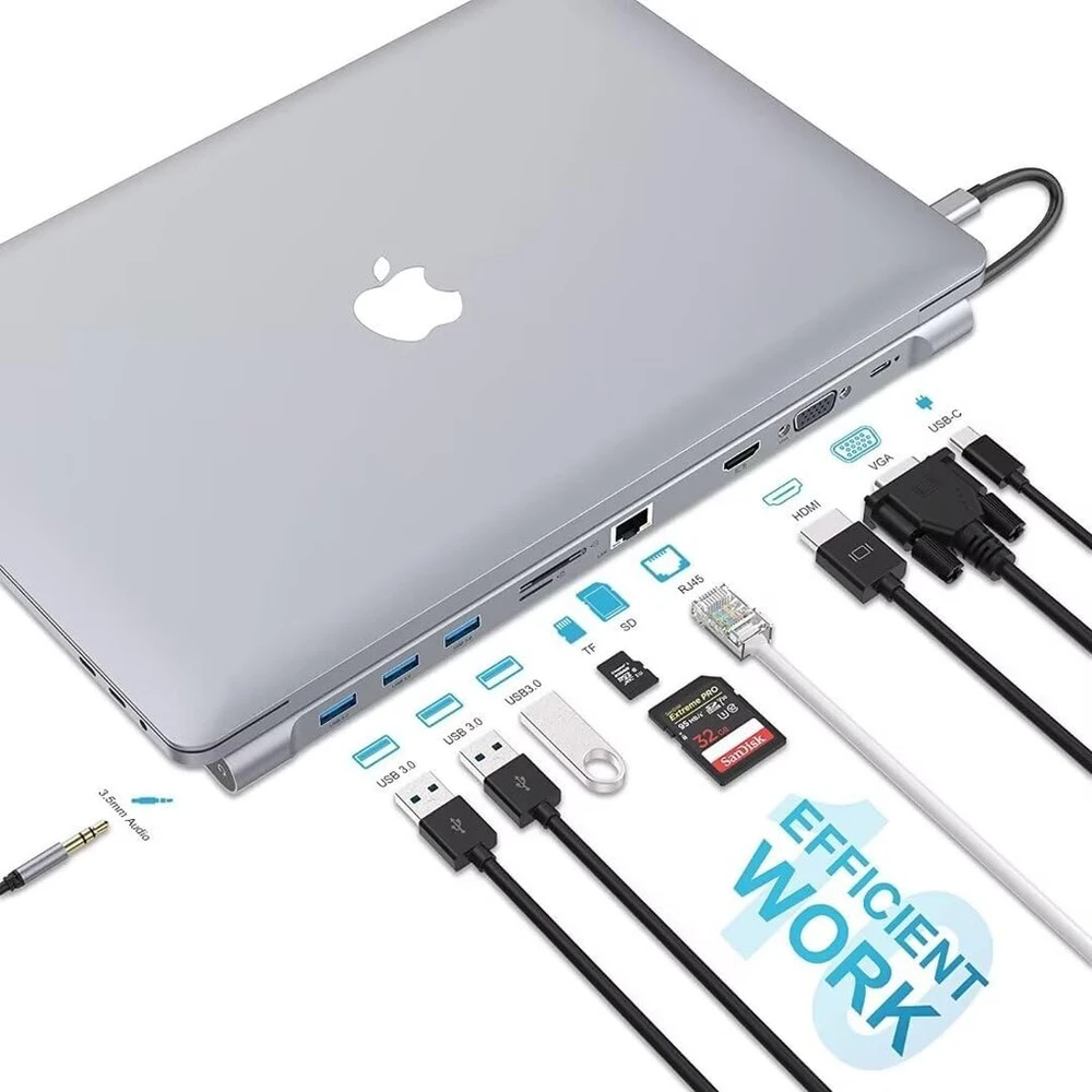 Tymyp 10-in-1 triguba doko stotis Usb C, dvigubas monitoriaus Usb C šakotuvas su 4k Hdmi, Vga, 3 x Usb 3.0, Pd 100 W, Ethernet, Sd/tf lizdai, nešiojamojo kompiuterio doko stotis, suderinama su nešiojamuoju kompiuteriu ir Windows