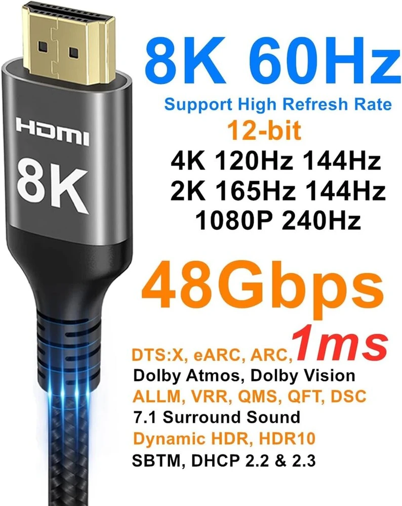 Ubluker 8k Hdmi kabelis, 10 m, didelės spartos Hdmi kabelis, 4k@120 Hz, 8k@60 Hz, nailoninis pynimas Earc Dts:x Dolby Atmos Dynamic Hdr Hdcp 2.3, suderinamas su Rtx 4090, Mac, garso juostomis, Ps5 5, XBOX, žaidimų kompiuteriais