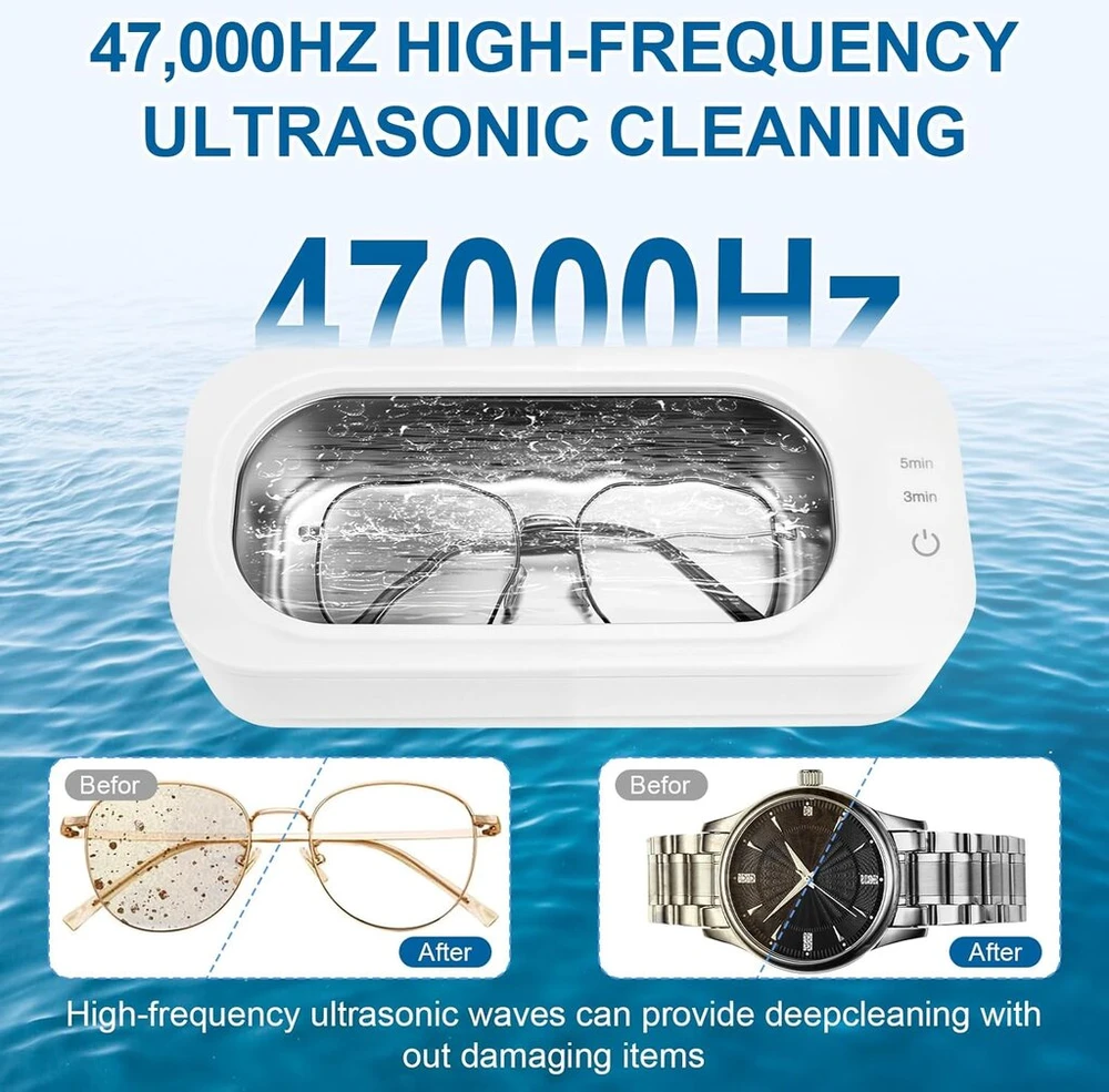 Ucamp ultragarsinis valymo įrenginys, ultragarsinis valiklis, 47000 Hz akinių valymo įrenginys, 350 ml, ultragarsinis įrenginys akiniams, žiedams, laikrodžiams, papuošalams, dantų protezams