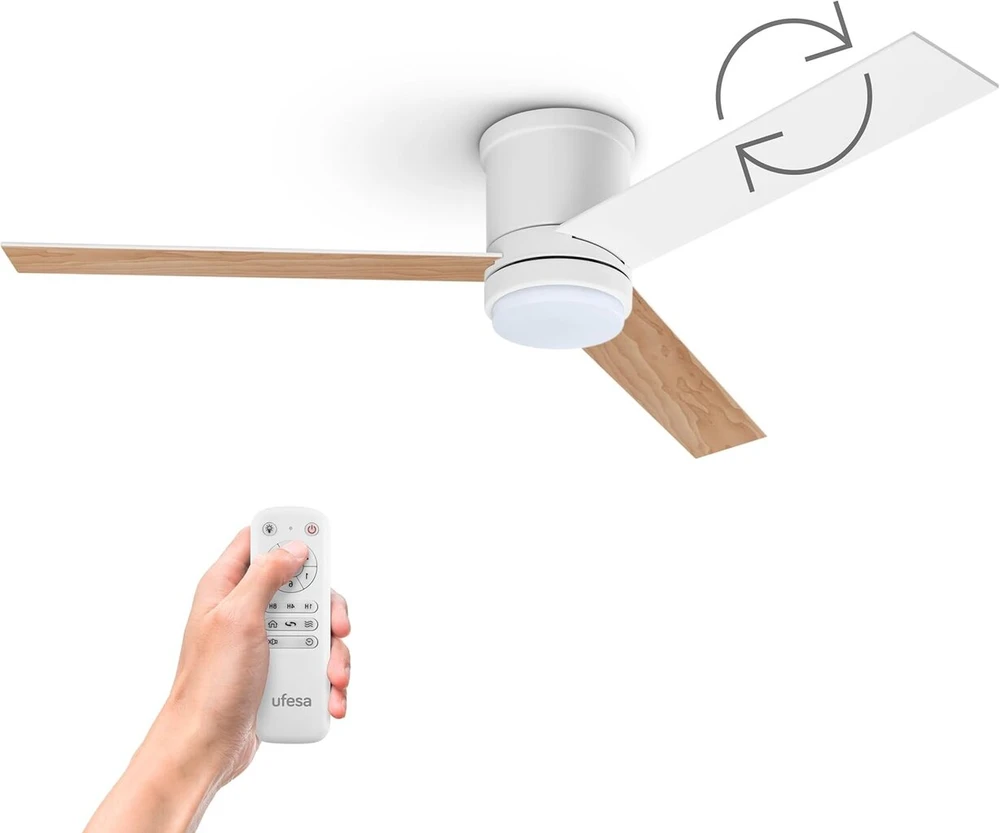Ufesa Katmandu lubų ventiliatorius su šviesa, 3 apverčiamos mentės 132 cm, 40 W, 6 greičiai, itin tylus, vasaros - žiemos funkcija, laikmatis 8 valandos, 3 šviesos lygiai, nuotolinis valdymas, balta mediena