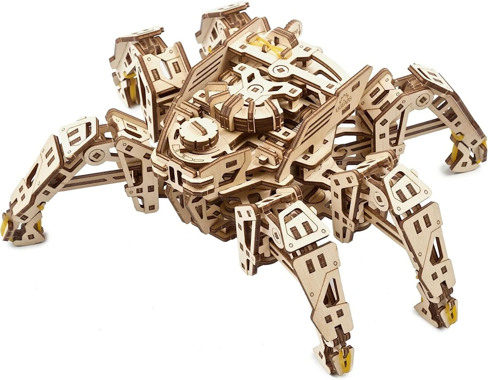Ugears Hexapod Explorer 3d dėlionė - dovana tėvo dienai - modelių rinkiniai suaugusiems su galingu spyruokliniu varikliu - 3d medinės dėlionės, medinis robotas važiuoja iki 3 m