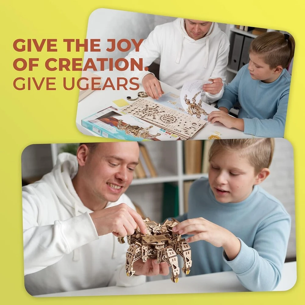 Ugears Hexapod Explorer 3d dėlionė - dovana tėvo dienai - modelių rinkiniai suaugusiems su galingu spyruokliniu varikliu - 3d medinės dėlionės, medinis robotas važiuoja iki 3 m