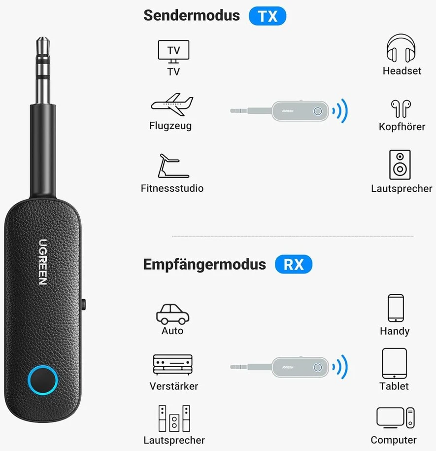 Automagnetola Ugreen Bluetooth siųstuvo lizdo Bluetooth adapteris, 2 viename Bluetooth siųstuvas ir imtuvas Bluetooth skirstytuvas 2 ausinėms, tokioms kaip Airpods, garso sistema ir kt.
