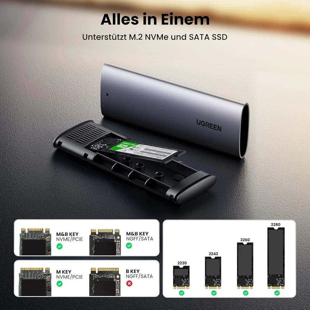 Ugreen M.2 Ssd adapteris Ssd dėklas M2 dėklas Usb 3.2 10gbps Gen2 aliuminio M.2 Ssd dėklas Nvme ir Sata Ssd diskams 2280/2242/2230/2260, suderinamas su 970 Pro, 970 Evo ir kt.